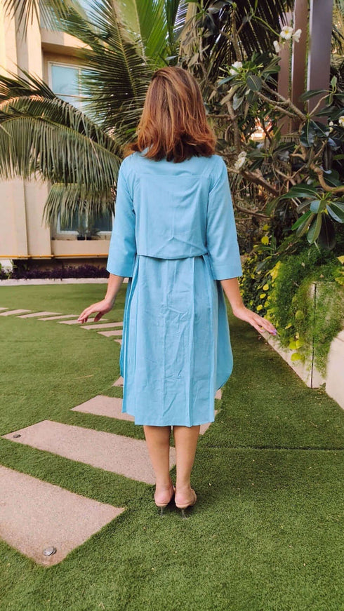 Sky Blue Shirt Dress With Waist Coat